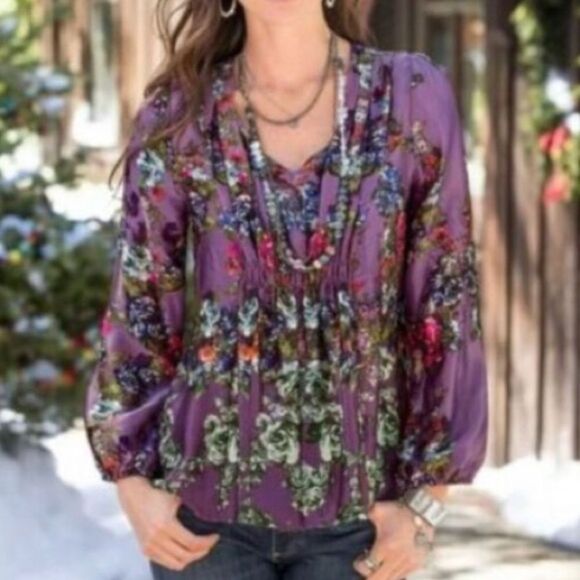 Sundance Floral 100% Silk Blouse stop Medium Amethyst Purple cottagecore - Picture 9 of 9